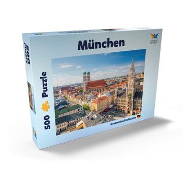 Darstellung des Puzzle Motivs München - Blick auf den Marienplatz mit Rathaus und Frauenkirche - Bayern, Deutschland 500 Puzzle Schachtel Ansicht2