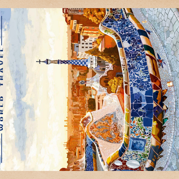 Darstellung des Puzzle Motivs Barcelona, Spain - Park Güell, Mosaic Mirage at Dusk, Vintage Travel Poster 100 Puzzle 3D Modell