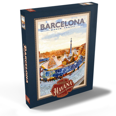 Darstellung des Puzzle Motivs Barcelona, Spain - Park Güell, Mosaic Mirage at Dusk, Vintage Travel Poster 200 Puzzle Schachtel Ansicht2