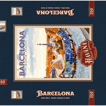 Darstellung des Puzzle Motivs Barcelona, Spain - Park Güell, Mosaic Mirage at Dusk, Vintage Travel Poster 200 Puzzle Schachtel 3D Modell