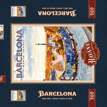 Darstellung des Puzzle Motivs Barcelona, Spain - Park Güell, Mosaic Mirage at Dusk, Vintage Travel Poster 500 Puzzle Schachtel 3D Modell