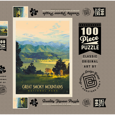 Darstellung des Puzzle Motivs Great Smoky Mountains National Park: Dusk In Cades Cove, Vintage Poster 100 Puzzle Schachtel 3D Modell
