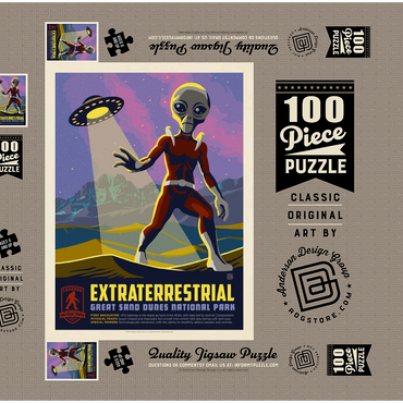 Darstellung des Puzzle Motivs Legends Of The National Parks: Great Sand Dune's Extraterrestrials, Vintage Poster 100 Puzzle Schachtel 3D Modell