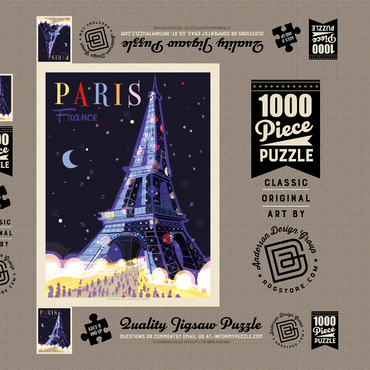 Darstellung des Puzzle Motivs France: Paris, Eiffel Tower At Night (Mod Design), Vintage Poster 1000 Puzzle Schachtel 3D Modell