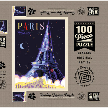 Darstellung des Puzzle Motivs France: Paris, Eiffel Tower At Night (Mod Design), Vintage Poster 100 Puzzle Schachtel 3D Modell