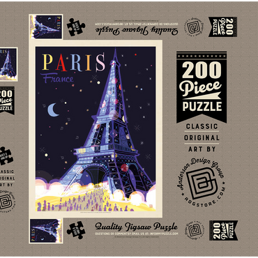 Darstellung des Puzzle Motivs France: Paris, Eiffel Tower At Night (Mod Design), Vintage Poster 200 Puzzle Schachtel 3D Modell