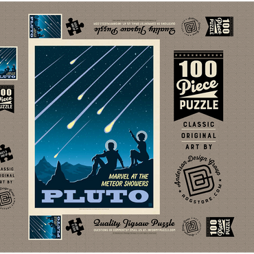 Darstellung des Puzzle Motivs Pluto: Meteor Showers, Vintage Poster 100 Puzzle Schachtel 3D Modell
