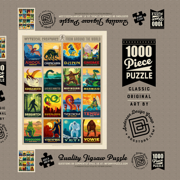 Darstellung des Puzzle Motivs Mythical Creatures From Around The World, Vintage Poster 1000 Puzzle Schachtel 3D Modell