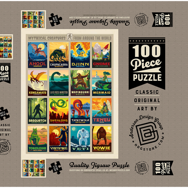Darstellung des Puzzle Motivs Mythical Creatures From Around The World, Vintage Poster 100 Puzzle Schachtel 3D Modell