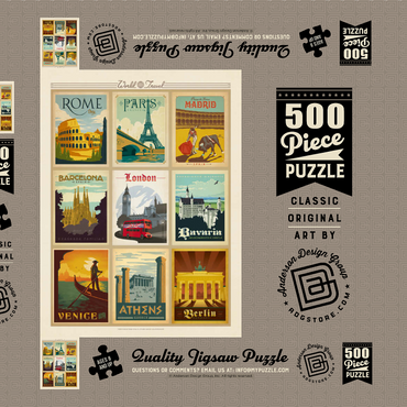 Darstellung des Puzzle Motivs World Travel: Multi-Image Print - Edition 1, Vintage Poster 500 Puzzle Schachtel 3D Modell
