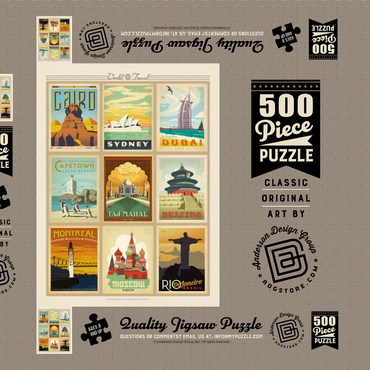 Darstellung des Puzzle Motivs World Travel: Multi-Image Print - Edition 2, Vintage Poster 500 Puzzle Schachtel 3D Modell