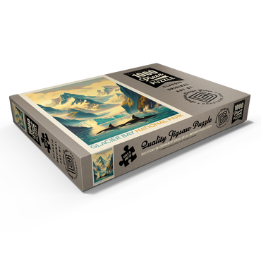 Darstellung des Puzzle Motivs Glacier Bay National Park: Gliding Orcas, Vintage Poster 1000 Puzzle Schachtel Ansicht1