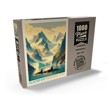 Darstellung des Puzzle Motivs Glacier Bay National Park: Gliding Orcas, Vintage Poster 1000 Puzzle Schachtel Ansicht2