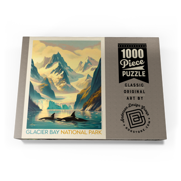 Darstellung des Puzzle Motivs Glacier Bay National Park: Gliding Orcas, Vintage Poster 1000 Puzzle Schachtel Ansicht3