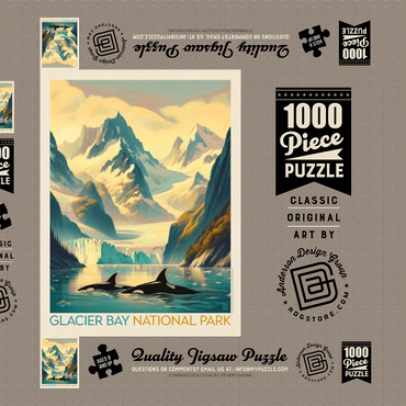 Darstellung des Puzzle Motivs Glacier Bay National Park: Gliding Orcas, Vintage Poster 1000 Puzzle Schachtel 3D Modell