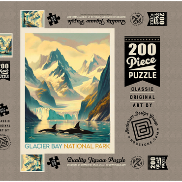 Darstellung des Puzzle Motivs Glacier Bay National Park: Gliding Orcas, Vintage Poster 200 Puzzle Schachtel 3D Modell