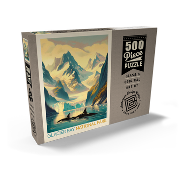 Darstellung des Puzzle Motivs Glacier Bay National Park: Gliding Orcas, Vintage Poster 500 Puzzle Schachtel Ansicht2