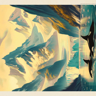 Darstellung des Puzzle Motivs Glacier Bay National Park: Gliding Orcas, Vintage Poster 500 Puzzle 3D Modell