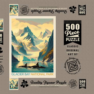 Darstellung des Puzzle Motivs Glacier Bay National Park: Gliding Orcas, Vintage Poster 500 Puzzle Schachtel 3D Modell