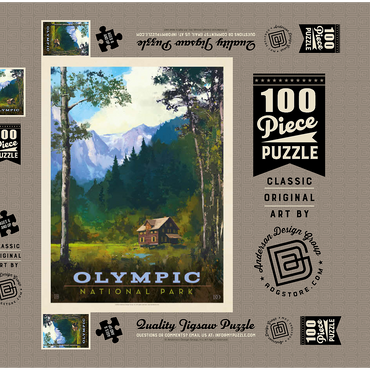Darstellung des Puzzle Motivs Olympic National Park: Enchanted Valley Chalet, Vintage Poster 100 Puzzle Schachtel 3D Modell