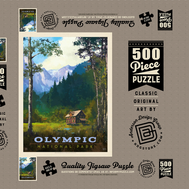 Darstellung des Puzzle Motivs Olympic National Park: Enchanted Valley Chalet, Vintage Poster 500 Puzzle Schachtel 3D Modell
