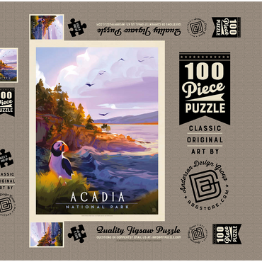 Darstellung des Puzzle Motivs Acadia National Park: Puffin Paradise, Vintage Poster 100 Puzzle Schachtel 3D Modell