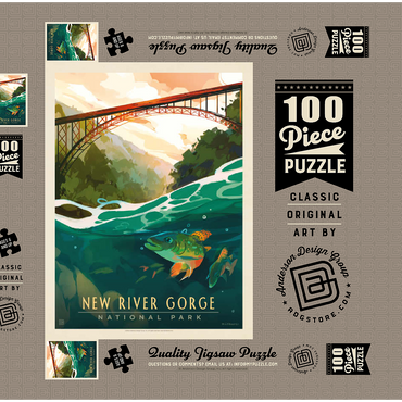 Darstellung des Puzzle Motivs New River Gorge National Park & Preserve: Fish-Eye-View, Vintage Poster 100 Puzzle Schachtel 3D Modell