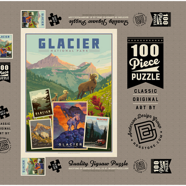 Darstellung des Puzzle Motivs Glacier National Park: Collage Print, Vintage Poster 100 Puzzle Schachtel 3D Modell