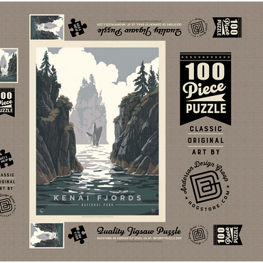 Darstellung des Puzzle Motivs Kenai Fjords National Park: Whale Watching, Vintage Poster 100 Puzzle Schachtel 3D Modell