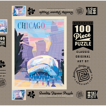 Darstellung des Puzzle Motivs Chicago, IL: Millennium Park (Mod Design), Vintage Poster 100 Puzzle Schachtel 3D Modell