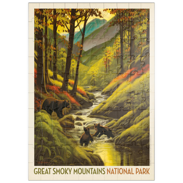 Darstellung des Puzzle Motivs puzzleplate Great Smoky Mountains National Park: Splashing Cubs, Vintage Poster 100 Puzzle