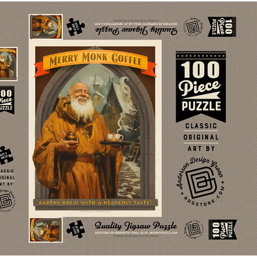 Darstellung des Puzzle Motivs Merry Monk Coffee, Vintage Poster 100 Puzzle Schachtel 3D Modell