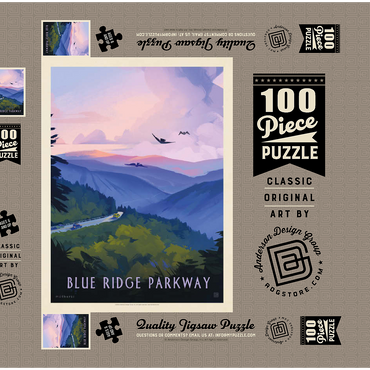 Darstellung des Puzzle Motivs Blue Ridge Parkway: Bird's Eye View, Vintage Poster 100 Puzzle Schachtel 3D Modell