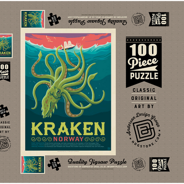 Darstellung des Puzzle Motivs Mythical Creatures: Kraken (Norway), Vintage Poster 100 Puzzle Schachtel 3D Modell