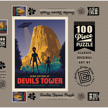 Darstellung des Puzzle Motivs Devils Tower, WY: Alien Visitation, Vintage Poster 100 Puzzle Schachtel 3D Modell