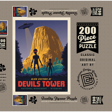 Darstellung des Puzzle Motivs Devils Tower, WY: Alien Visitation, Vintage Poster 200 Puzzle Schachtel 3D Modell