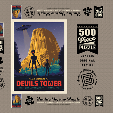 Darstellung des Puzzle Motivs Devils Tower, WY: Alien Visitation, Vintage Poster 500 Puzzle Schachtel 3D Modell