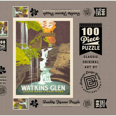 Darstellung des Puzzle Motivs Watkins Glen State Park, New York, Vintage Poster 100 Puzzle Schachtel 3D Modell