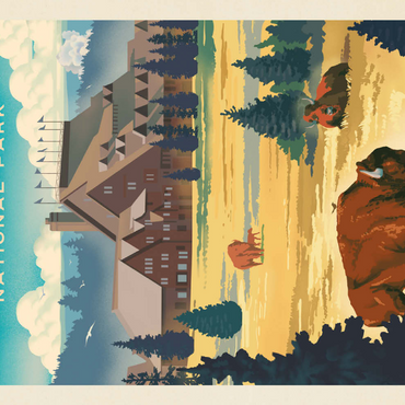 Darstellung des Puzzle Motivs Yellowstone National Park: Old Faithful Inn Bisons, Vintage Poster 200 Puzzle 3D Modell