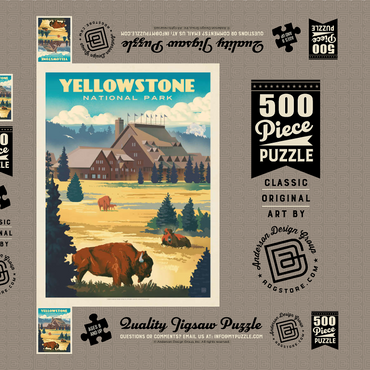 Darstellung des Puzzle Motivs Yellowstone National Park: Old Faithful Inn Bisons, Vintage Poster 500 Puzzle Schachtel 3D Modell