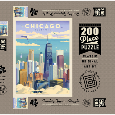 Darstellung des Puzzle Motivs Chicago: Bird's Eye View Of Lake Michigan, Vintage Poster 200 Puzzle Schachtel 3D Modell