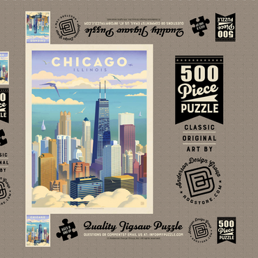 Darstellung des Puzzle Motivs Chicago: Bird's Eye View Of Lake Michigan, Vintage Poster 500 Puzzle Schachtel 3D Modell