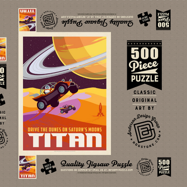 Darstellung des Puzzle Motivs Saturn: As Seen From Dune Buggies On Titan, Vintage Poster 500 Puzzle Schachtel 3D Modell