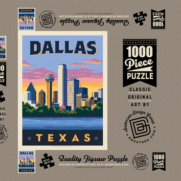 Darstellung des Puzzle Motivs Dallas, Texas: Downtown River View, Vintage Poster 1000 Puzzle Schachtel 3D Modell
