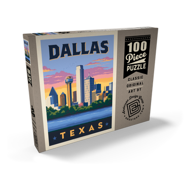 Darstellung des Puzzle Motivs Dallas, Texas: Downtown River View, Vintage Poster 100 Puzzle Schachtel Ansicht2