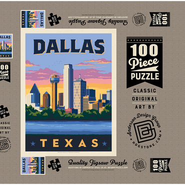 Darstellung des Puzzle Motivs Dallas, Texas: Downtown River View, Vintage Poster 100 Puzzle Schachtel 3D Modell