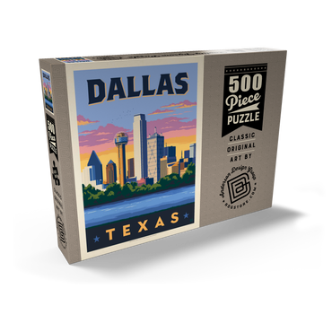 Darstellung des Puzzle Motivs Dallas, Texas: Downtown River View, Vintage Poster 500 Puzzle Schachtel Ansicht2