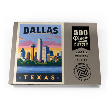 Darstellung des Puzzle Motivs Dallas, Texas: Downtown River View, Vintage Poster 500 Puzzle Schachtel Ansicht3