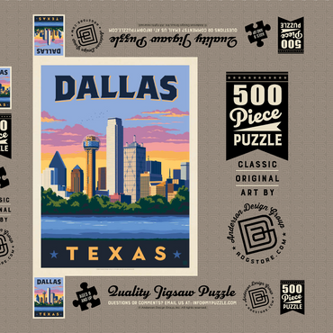 Darstellung des Puzzle Motivs Dallas, Texas: Downtown River View, Vintage Poster 500 Puzzle Schachtel 3D Modell