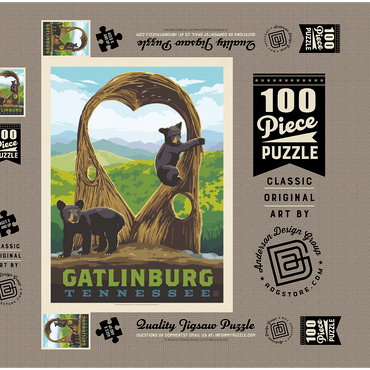 Darstellung des Puzzle Motivs Gatlinburg, Tennessee: Anakeesta Twigloo Cubs, Vintage Poster 100 Puzzle Schachtel 3D Modell